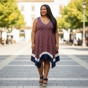 PerSeption Woman Red,White & Blue Printed Asymmetrical Hem Stretch Midi Dress